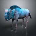 Blue Buffalo With Textured Body And Horns On Dark Background