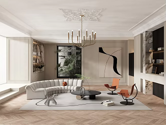 French Living Room Home Living Room Fabric Sofa Single Person Sofa Coffee Table Side Table Chandelier Hanging Picture 3d model