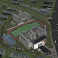 Aerial View Of Modern School Building With Classroom Complex Track Field And Greenery