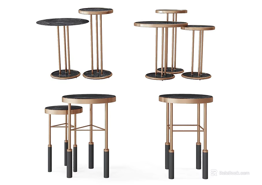 Set Of Modern Circular Side Tables With Metal Legs And Black Tabletop 3d model 