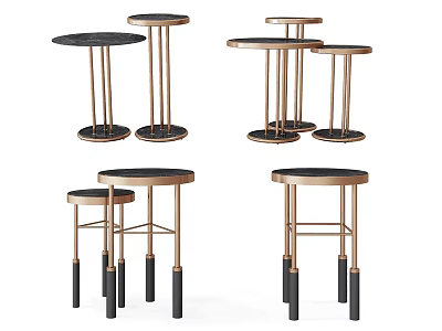 Set Of Modern Circular Side Tables With Metal Legs And Black Tabletop 3d model