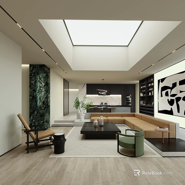 Modern Living Dining Room Interior Design With Sofa Coffee Table Greenery And Artwork 3d model 