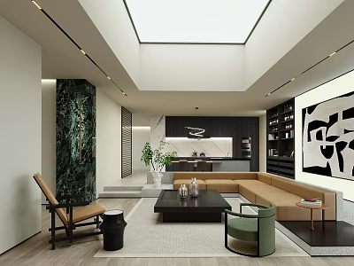 Modern Living Dining Room Interior Design With Sofa Coffee Table Greenery And Artwork 3d model