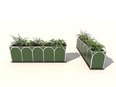 Green Rectangular Garden Planters with White Arch Design and Lush Ferns 3d model