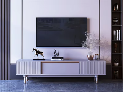 Modern TV Stand With Mounted TV Decorative Ornaments Vase and Potted Plant 3d model