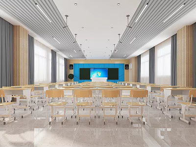 Spacious Bright School Classroom With Desks Chairs And Screens 3d model