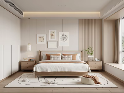 Modern Bedroom Interior Design With White Wardrobes Decorative Paintings And Green Plant 3d model