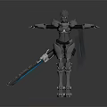 Game Movie Character Robot Warrior In Silver Metallic Armor With Glowing Blue Sword Arms Outstretched
