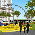 Vibrant Outdoor Children's Playground With Colorful Circular Structures Trees And People Playing