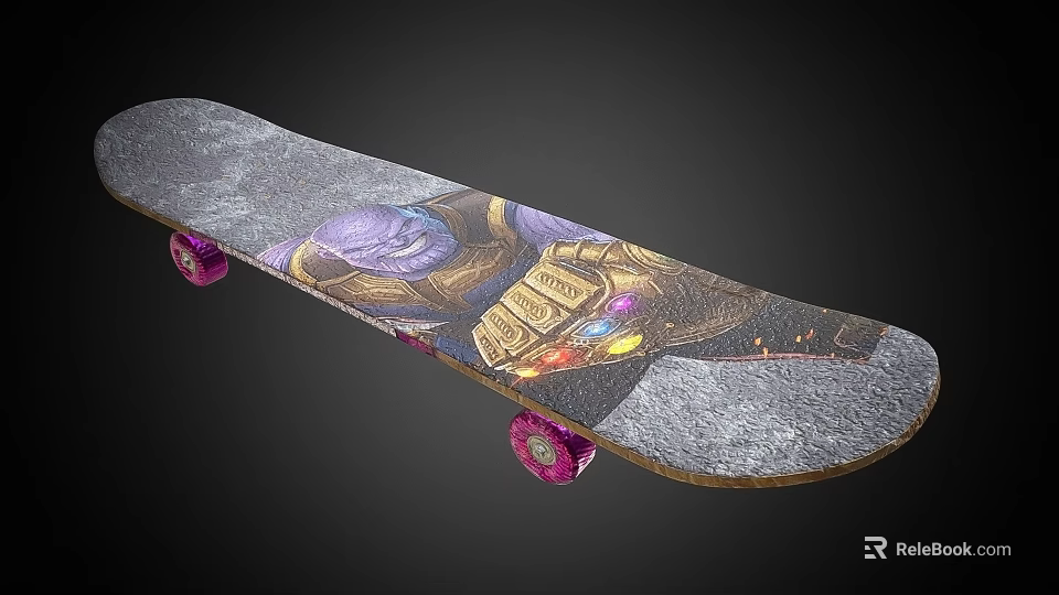 Skateboard Sports Equipment With Purple Gold Graphic And Pink Wheels 3d model 