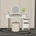 Modern Dressing Table With Round Mirror Golden Legs White Stool Green Plant And Beige Wall