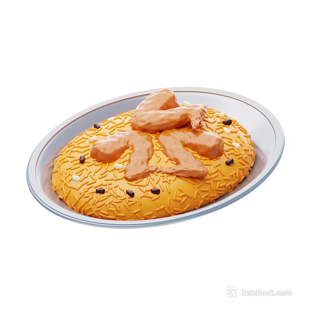 Delicious Crispy Fried Chicken Pieces on Yellow Rice with Sesame Seeds 3d model 