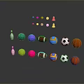 Assorted Sports Equipment Display With Various Balls And Bowling Pins