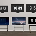 Televisions Wall Mounted And On Stands With Time Displays Interface And Landscape Screens