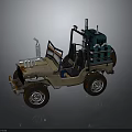 Detailed Beige Toy Jeep Model With Blue Storage Tank Large Wheels And Open Cockpit