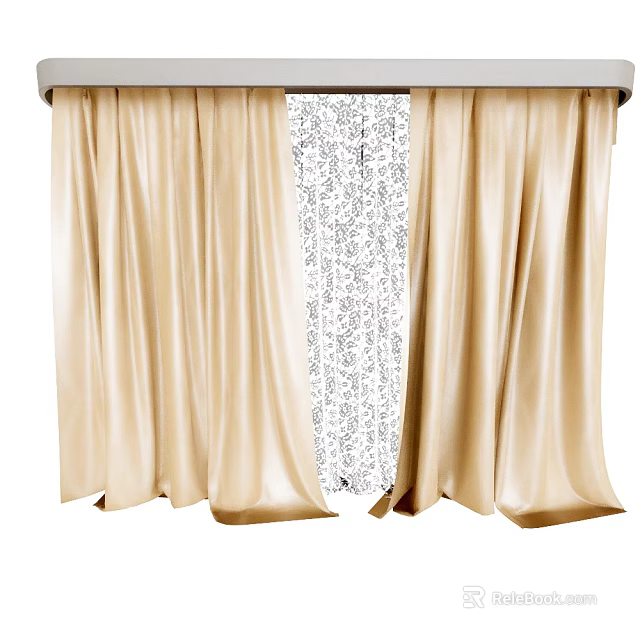 Beige Layered Curtains With Sheer Patterned Panel For Home Window Decor 3d model 