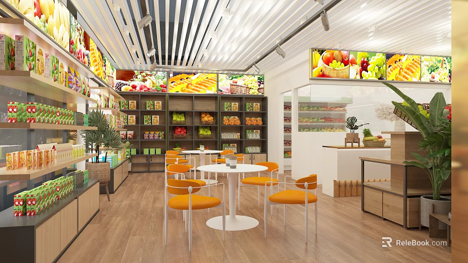 Bright Neat Fruit Store Interior With Fruit Displays And Chairs 3d model 