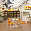 Bright Neat Fruit Store Interior With Fruit Displays And Chairs