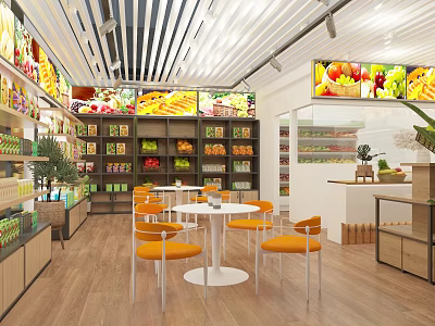 Bright Neat Fruit Store Interior With Fruit Displays And Chairs 3d model