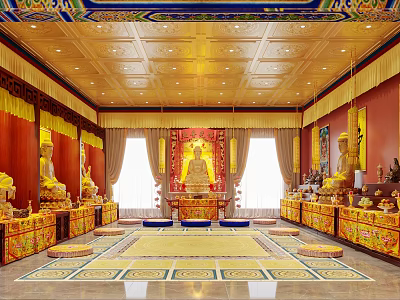 Buddhist Religious Temple Interior With Golden Ceiling Red Walls And Buddha Statues 3d model