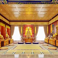 Buddhist Religious Temple Interior With Golden Ceiling Red Walls And Buddha Statues