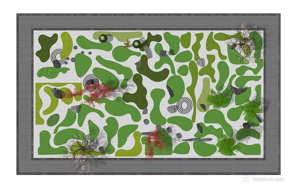 Garden Landscape Design Featuring Irregular Green Patches Circular Paths And Red Accents 3d model 