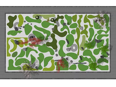 Garden Landscape Design Featuring Irregular Green Patches Circular Paths And Red Accents 3d model