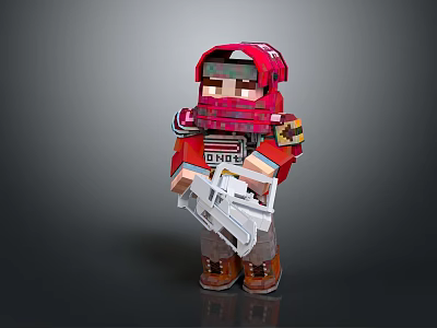 Pixelated Red Game Character In Helmet And Outfit With BOSS Logo Holding Silver Weapon 3d model