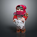 Pixelated Red Game Character In Helmet And Outfit With BOSS Logo Holding Silver Weapon