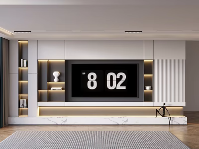 Elegant Modern TV Wall with Built in TV Marble Countertop Lighting Strips and Storage Cabinets 3d model