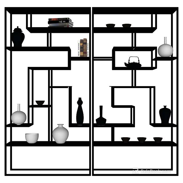 Traditional Chinese Bogu Shelf with Intricate Lattice Design Displaying Vases Teapots Bowls And Books 3d model 