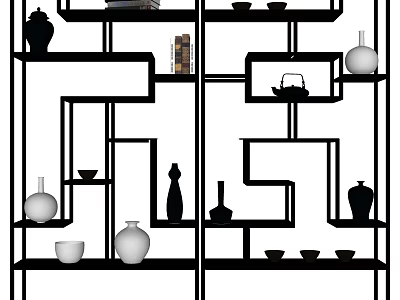Traditional Chinese Bogu Shelf with Intricate Lattice Design Displaying Vases Teapots Bowls And Books 3d model