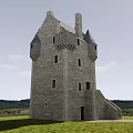 Ancient Stone Tower with Historic Architecture Stone Wall Grassland and Distant Mountains