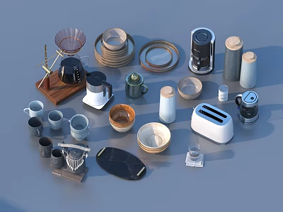 Assorted Kitchen Utensils Collection With Coffee Maker Cups Bowls and Toaster 3d model