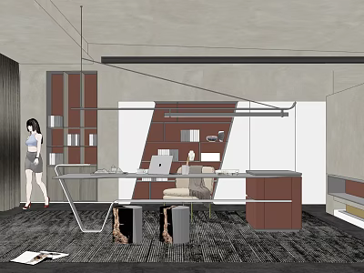 Modern Study Room Interior Design With Spacious Desk Bookshelves And Comfortable Chair 3d model