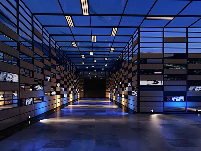 Modern Elevator Hallway Featuring Glass Walls Blue Lighting Display Screens And Marble Flooring 3d model