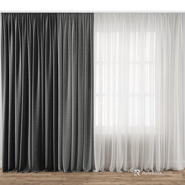 Dark Gray Thick Curtains and White Sheer Curtains for Window with Natural Light 3d model 