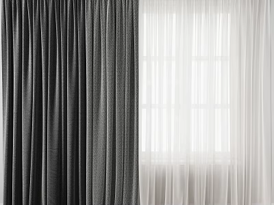 Dark Gray Thick Curtains and White Sheer Curtains for Window with Natural Light 3d model
