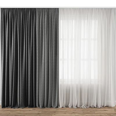 Dark Gray Thick Curtains and White Sheer Curtains for Window with Natural Light 3d model