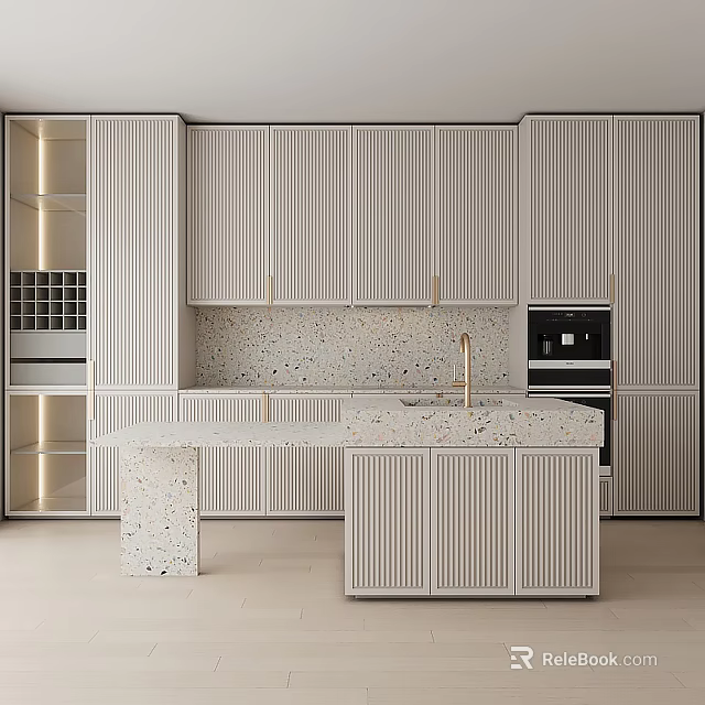 Modern Kitchen Cabinets With Striped Design Terrazzo Island And Built In Appliances 3d model 