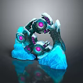 Stunning Scenic View Of Icy Blue Rock Formations With Glowing Pink Lights And Water Reflections