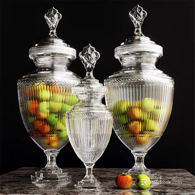 Decorative Glass Ornament Set Featuring Transparent Carved Design Filled With Colorful Fruits 3d model 