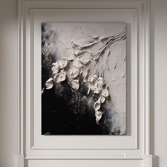 Oil Painting With Textured White Flowers On Black And Gray Background Hanging On Wall 3d model 