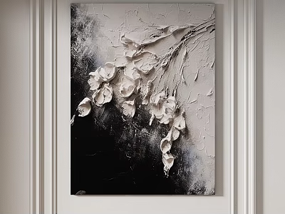 Oil Painting With Textured White Flowers On Black And Gray Background Hanging On Wall 3d model