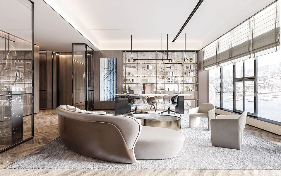 Elegant Modern Office Interior Design With Sofa Bookshelf And Large Windows 3d model