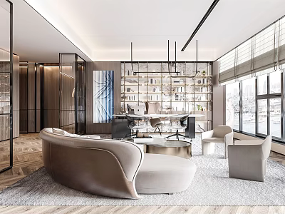 Elegant Modern Office Interior Design With Sofa Bookshelf And Large Windows 3d model