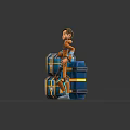 3D Character in Orange Blue Outfit with Creature Shaped Blue Yellow Striped Boxes