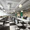 Contemporary Restaurant With Grid Ceiling Pendant Lights Checkerboard Floor Green Walls And Long Bar