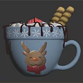 Hot Chocolate In Blue Reindeer Mug With Marshmallows Chocolate Drizzle And Waffle Sticks