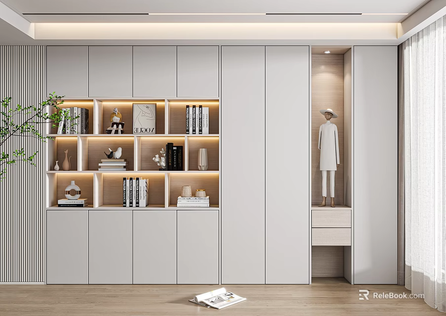 Modern White Bookcase With Open Shelves Books And Decorations In Living Room Interior 3d model 